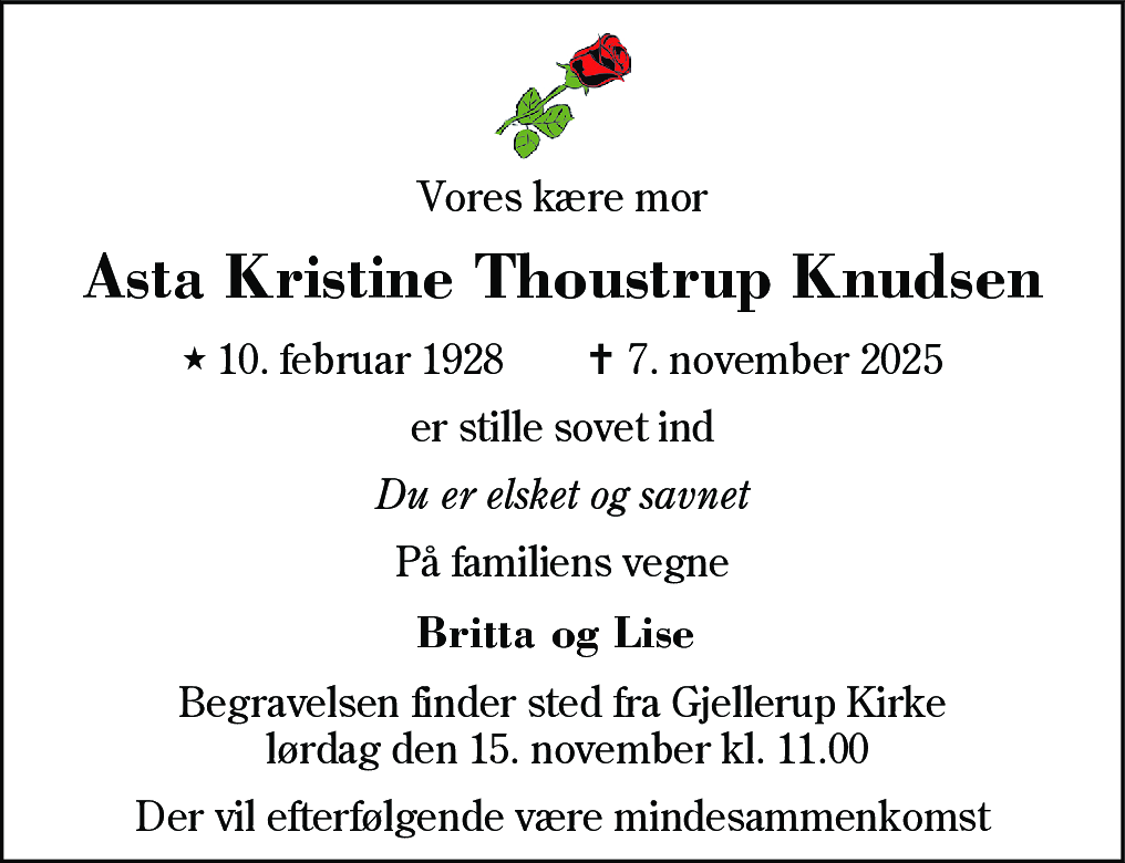 Dødsannonce for Asta Kristine Thoustrup Knudsen