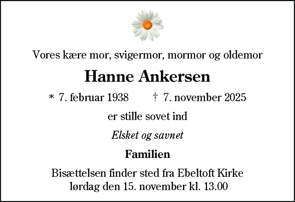 Dødsannonce for Hanne Ankersen