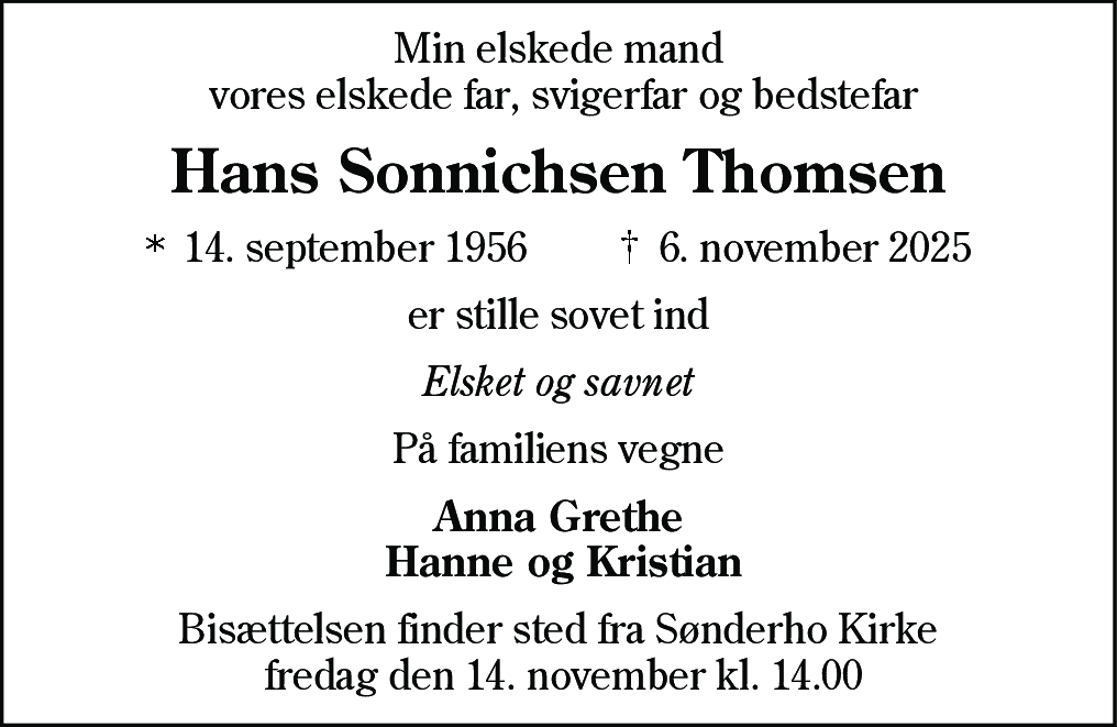 Dødsannonce for Hans Sonnichsen Thomsen