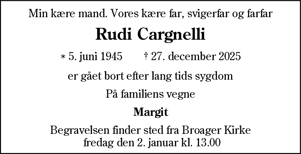 Dødsannonce for Rudi Cargnelli