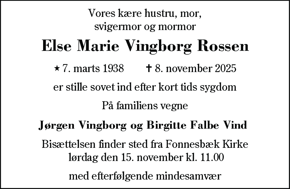 Dødsannonce for Else Marie Vingborg Rossen