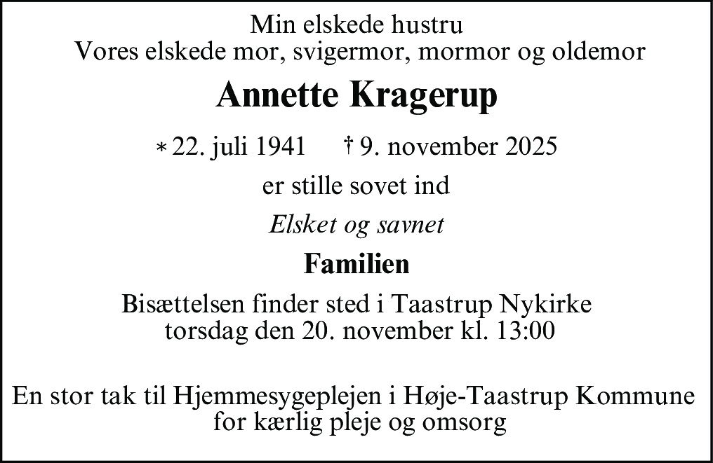 Dødsannonce for Annette Kragerup