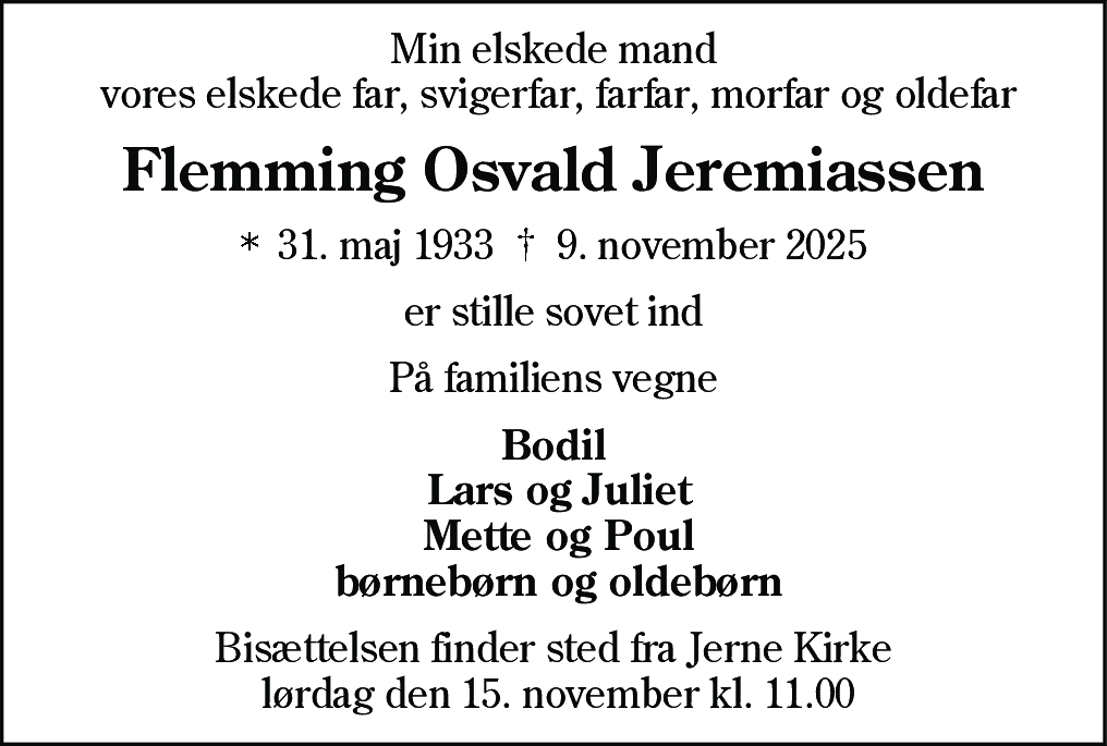 Dødsannonce for Flemming Osvald Jeremiassen