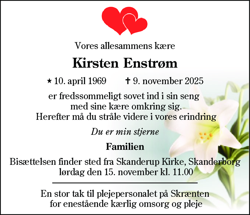 Dødsannonce for Kirsten Enstrøm