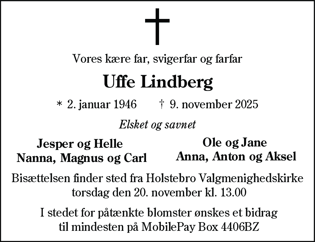 Dødsannonce for Uffe Lindberg