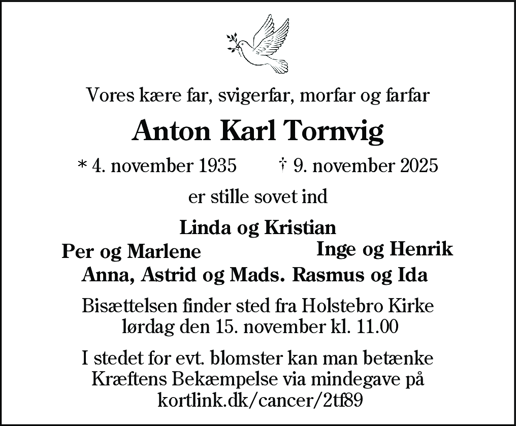 Dødsannonce for Anton Karl Tornvig