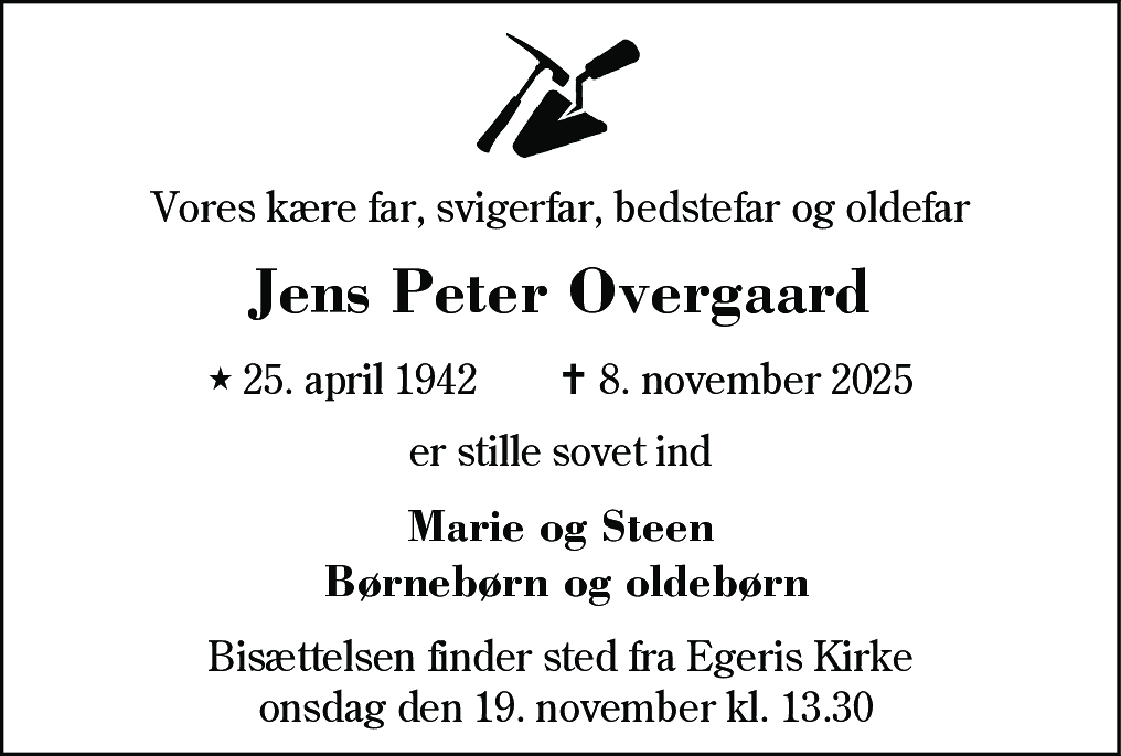 Dødsannonce for Jens Peter Overgaard