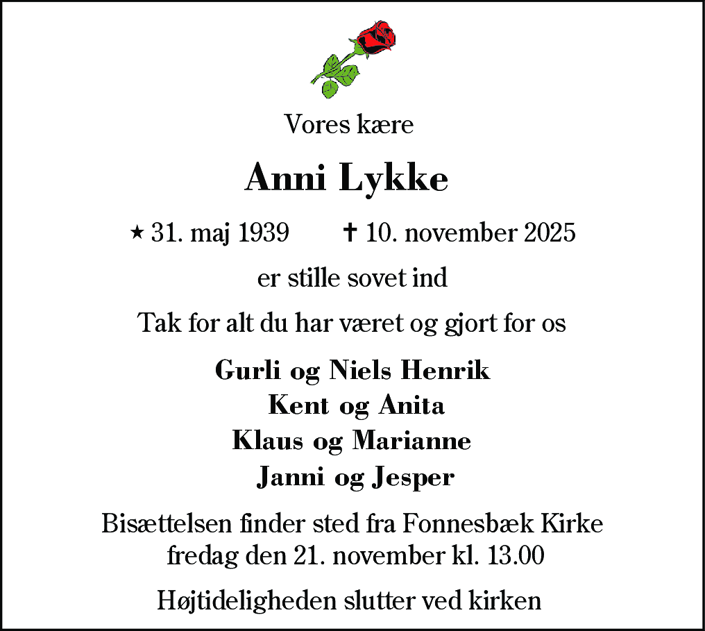 Dødsannonce for Anni Lykke Jensen
