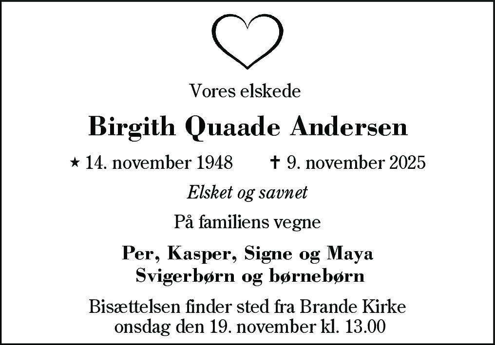 Dødsannonce for Birgith Quaade Andersen
