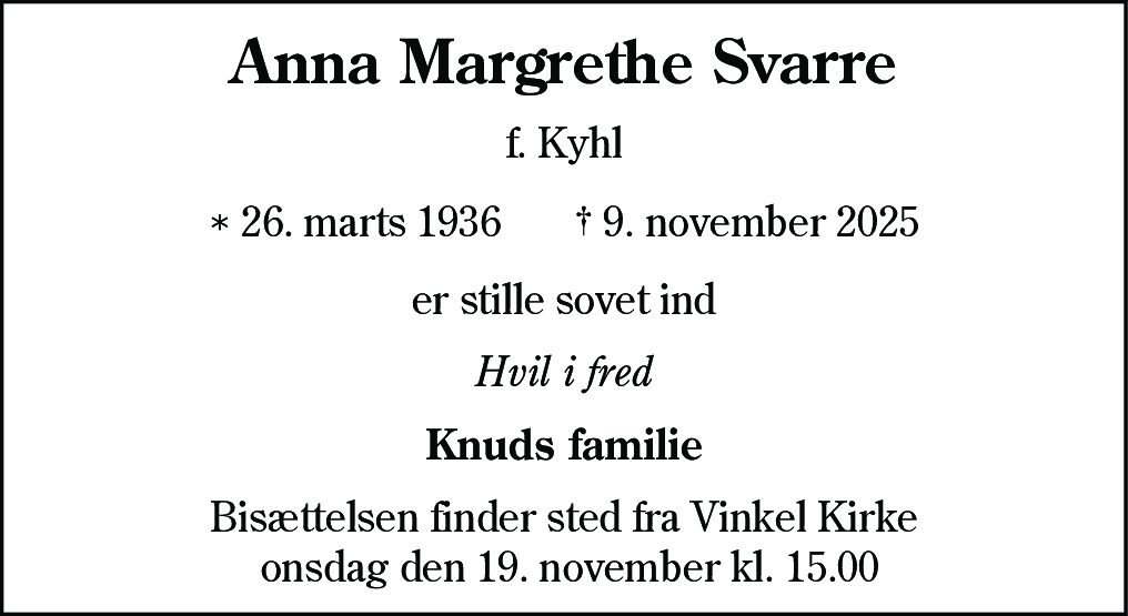 Dødsannonce for Anna Margrethe Svarre