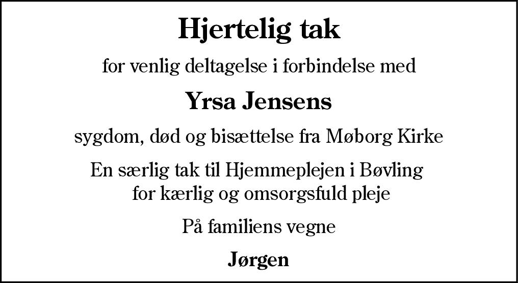 Dødsannonce for Yrsa Jensen