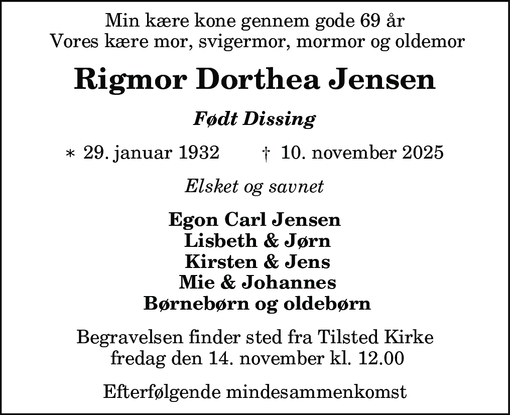 Dødsannonce for Rigmor Dorthea Jensen