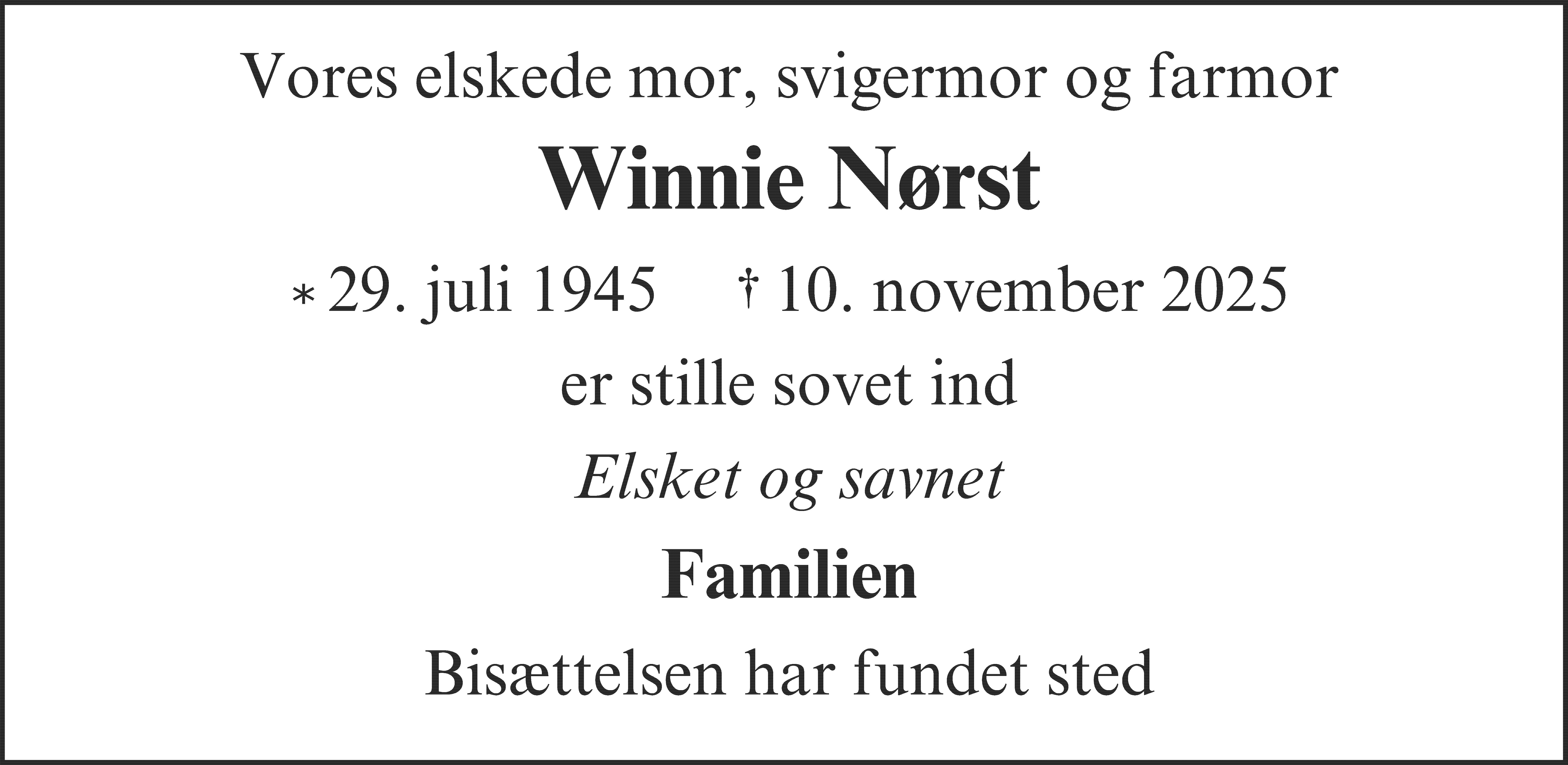 Dødsannonce for Winnie Nørst