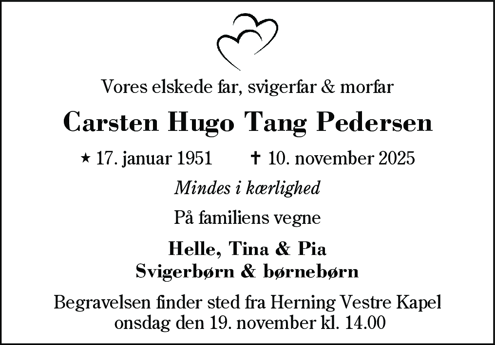 Dødsannonce for Carsten Hugo Tang Pedersen