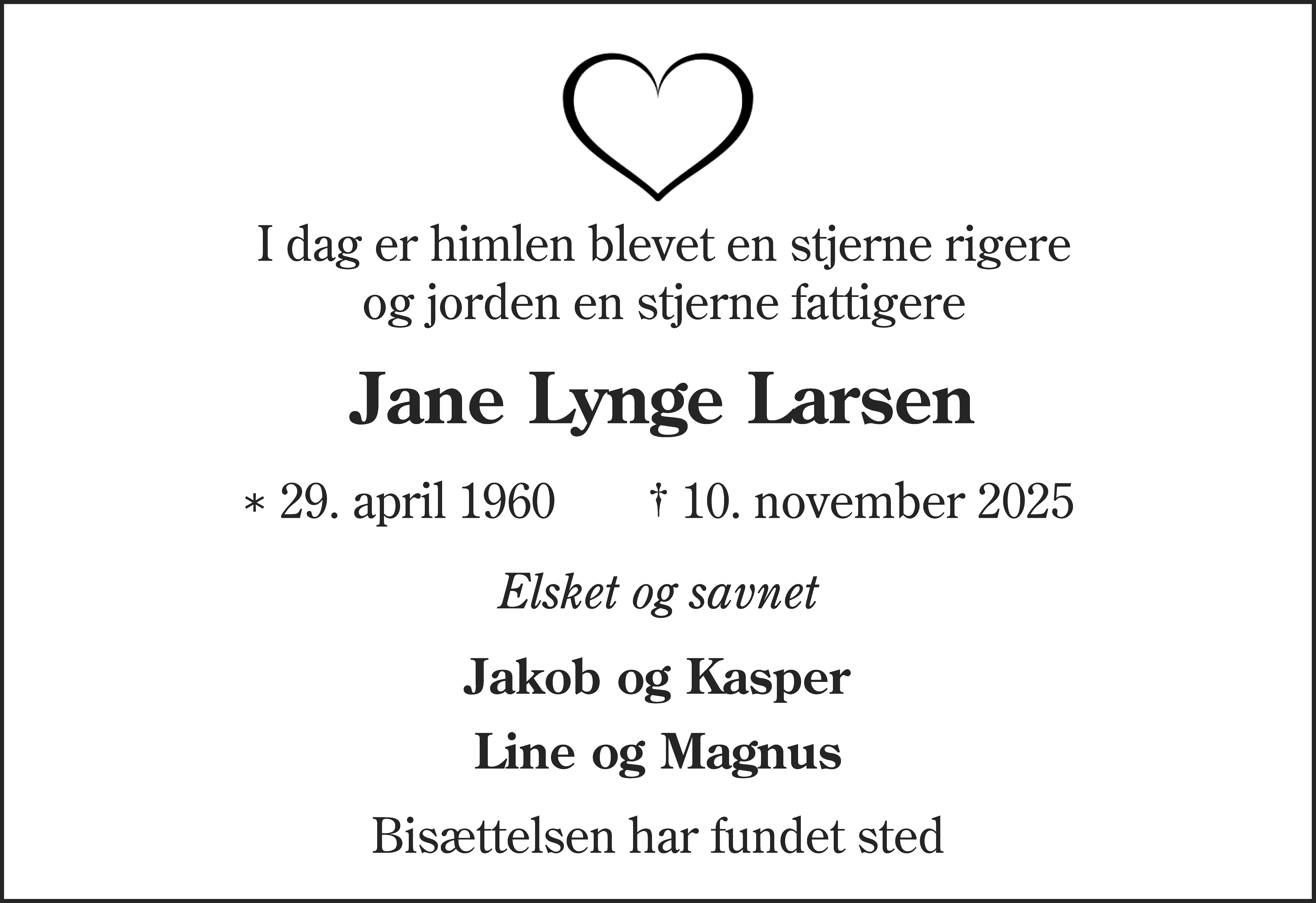 Dødsannonce for Jane Lynge Larsen