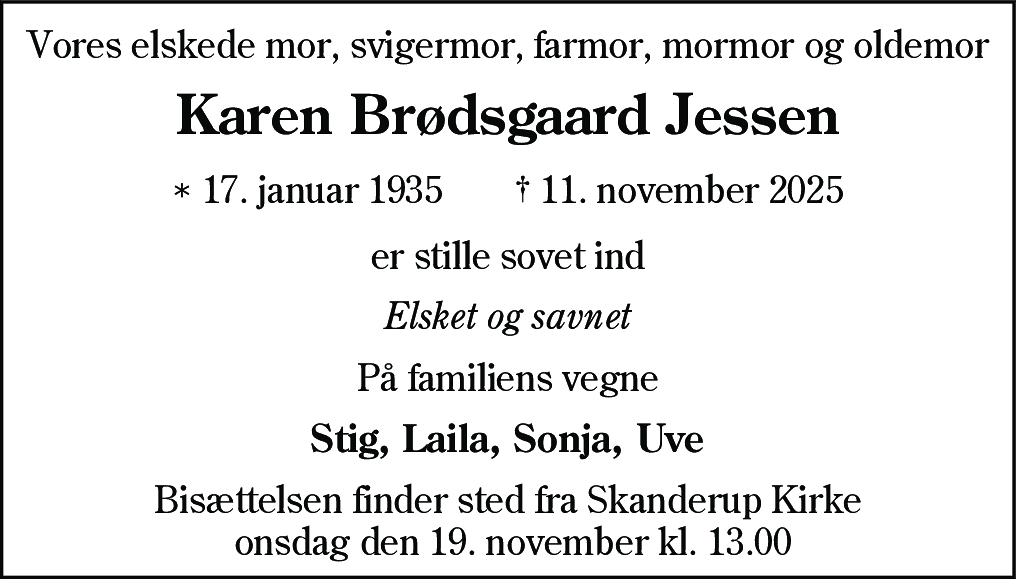 Dødsannonce for Karen Brødsgaard Jessen
