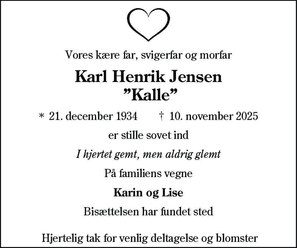 Dødsannonce for Karl Henrik Jensen