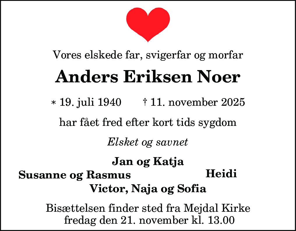 Dødsannonce for Anders Eriksen Noer