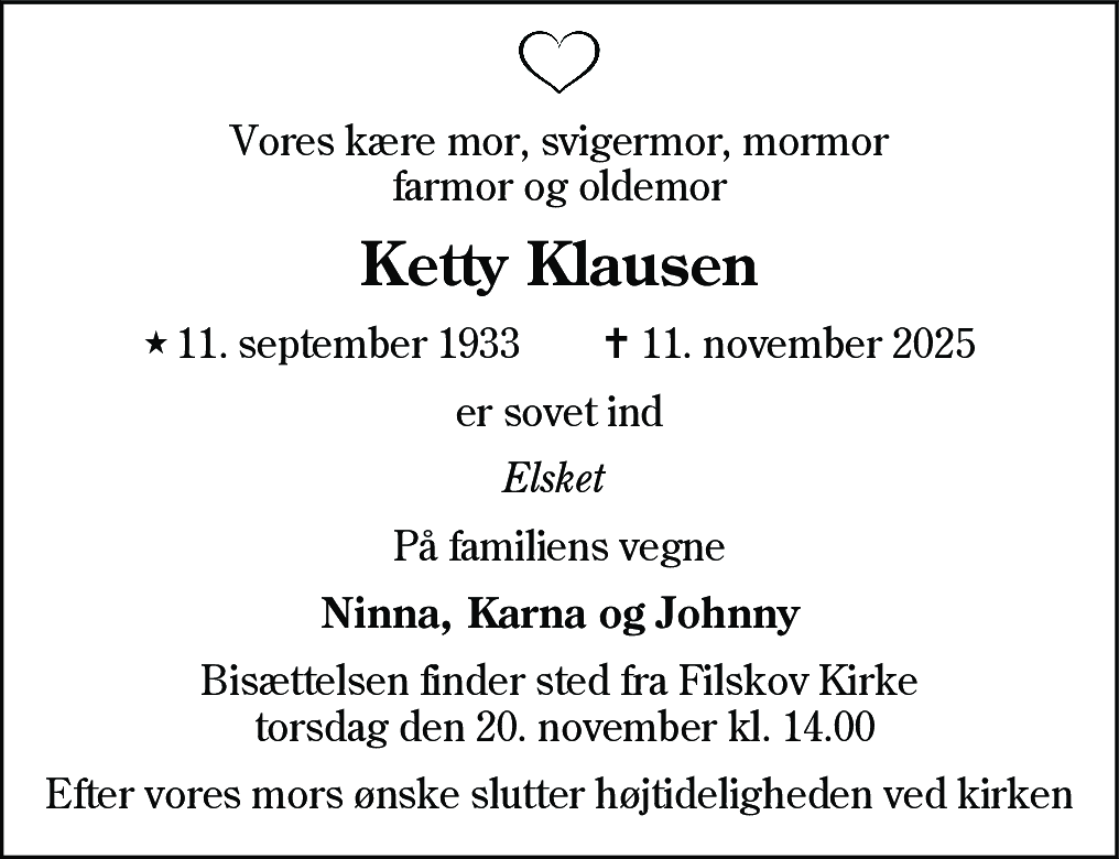 Dødsannonce for Ketty Klausen