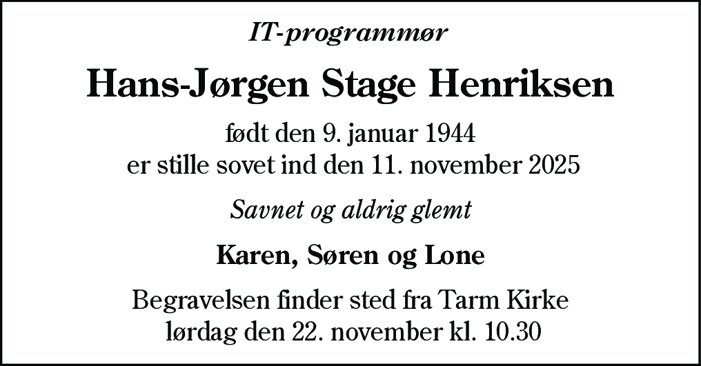 Dødsannonce for Hans-Jørgen Stage Henriksen