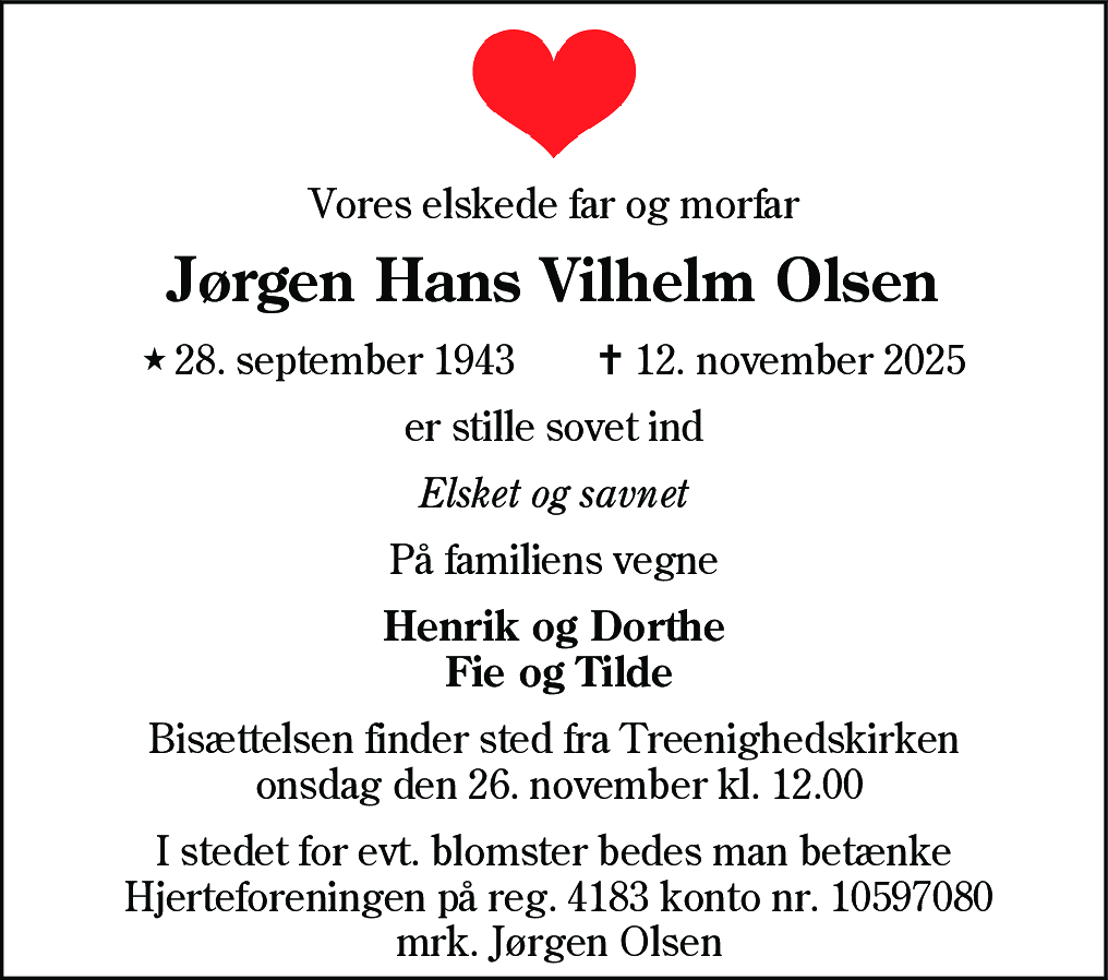 Dødsannonce for Jørgen Hans Vilhelm Olsen