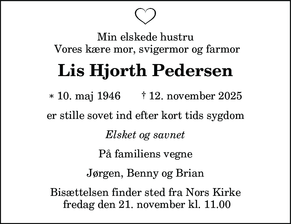 Dødsannonce for Lis Hjorth Pedersen