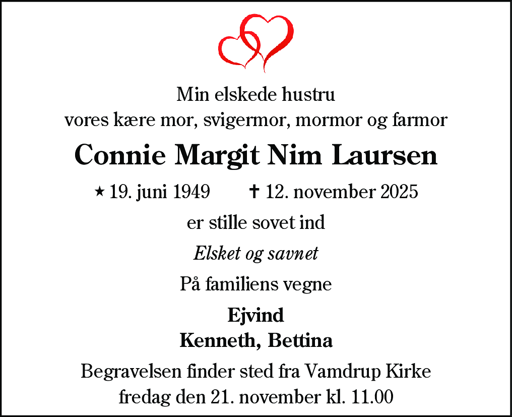 Dødsannonce for Conni Margit Nim Laursen