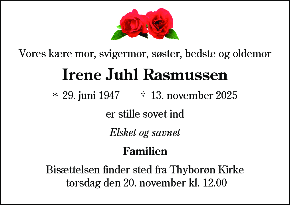 Dødsannonce for Irene Juhl Rasmussen