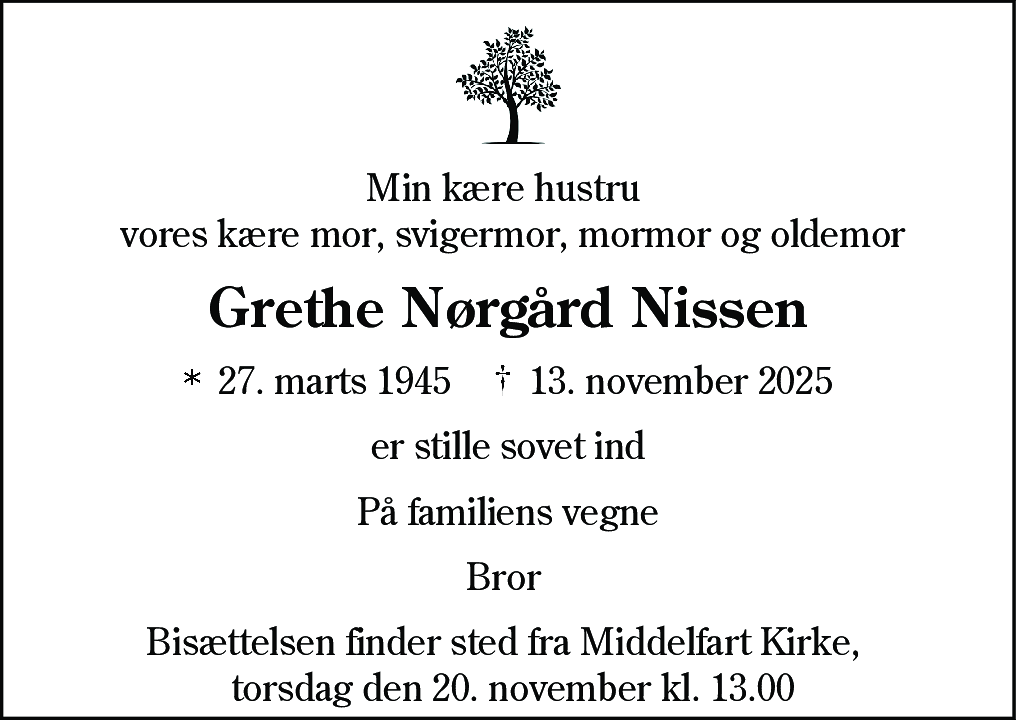 Dødsannonce for Grethe Nørgård Nissen