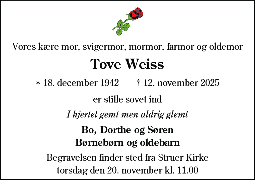 Dødsannonce for Tove Weiss