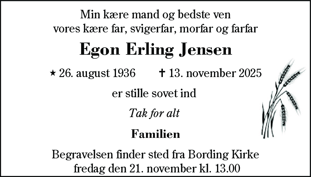 Dødsannonce for Egon Erling Jensen