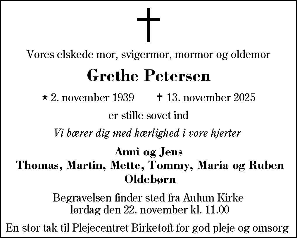Dødsannonce for Grethe Petersen