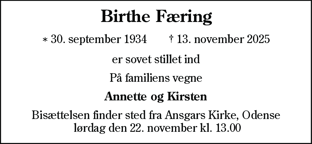 Dødsannonce for Birthe Færing