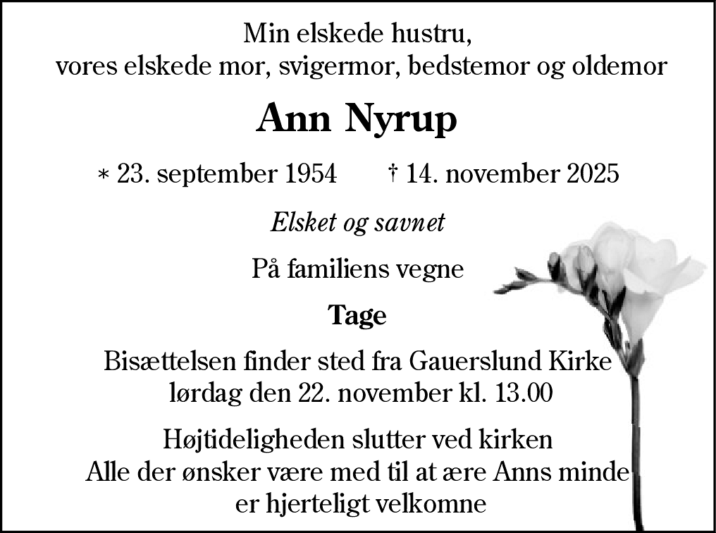 Dødsannonce for Ann Nyrup