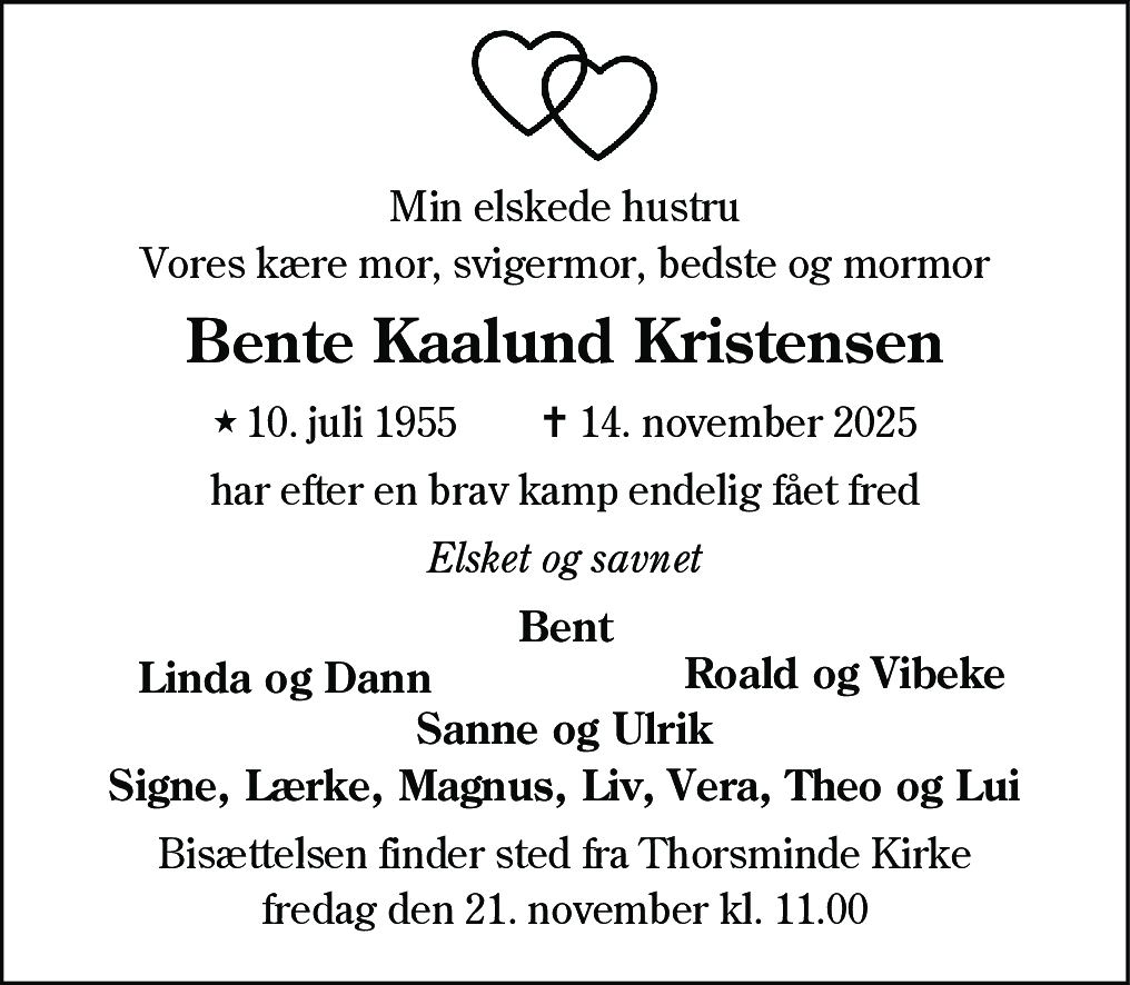 Dødsannonce for Bente Kaalund Kristensen