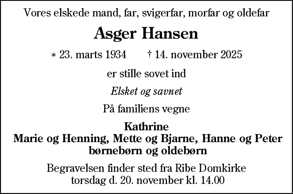 Dødsannonce for Asger Hansen