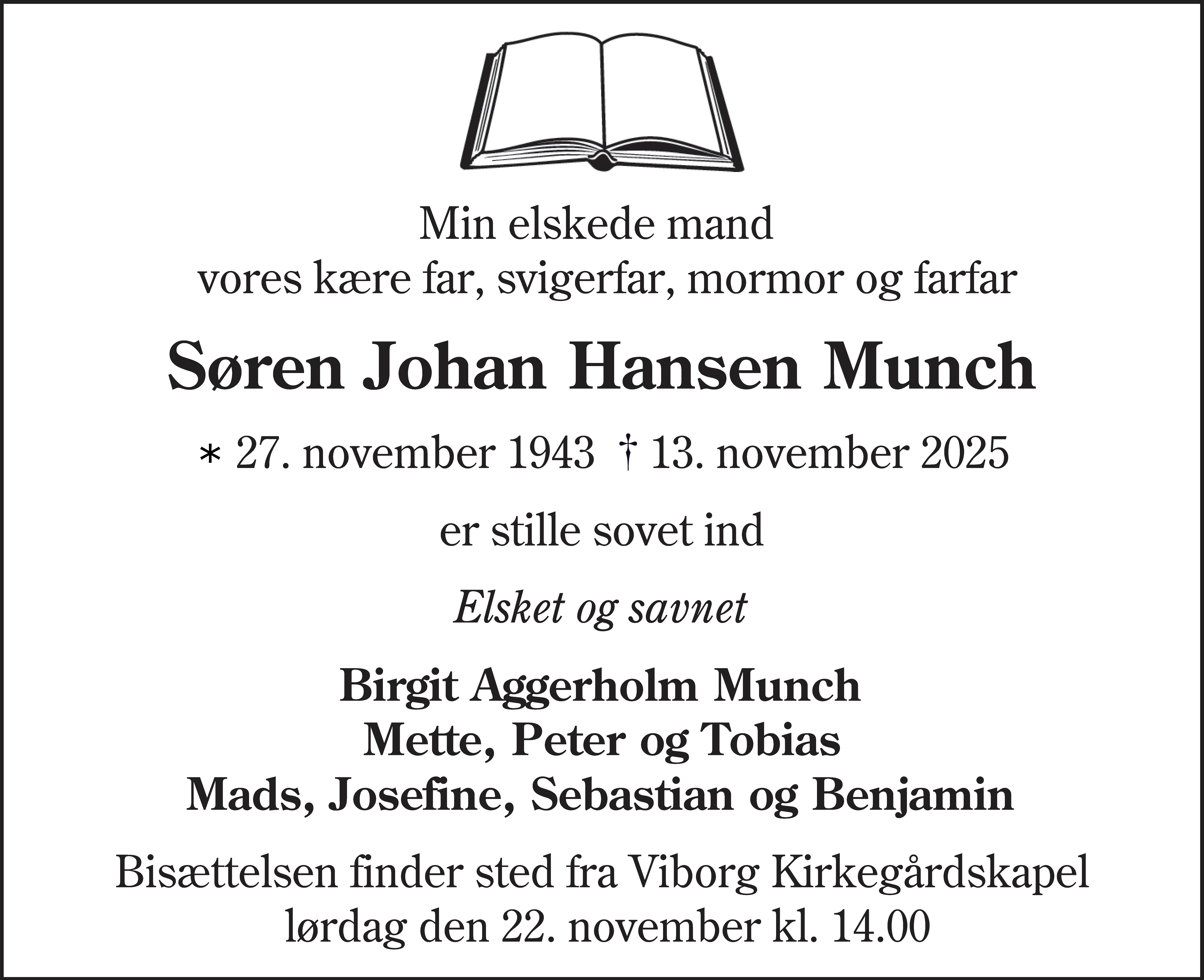 Dødsannonce for Søren Johan Hansen Munch