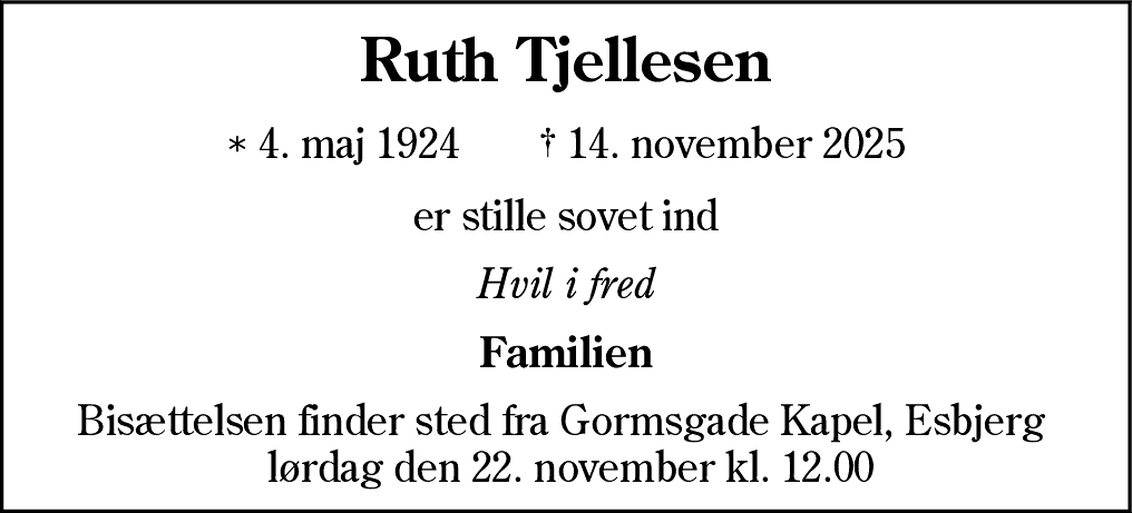 Dødsannonce for Ruth Tjellesen