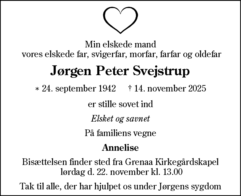 Dødsannonce for Jørgen Peter Svejstrup
