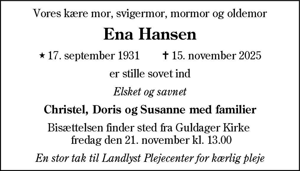 Dødsannonce for Ena Hansen