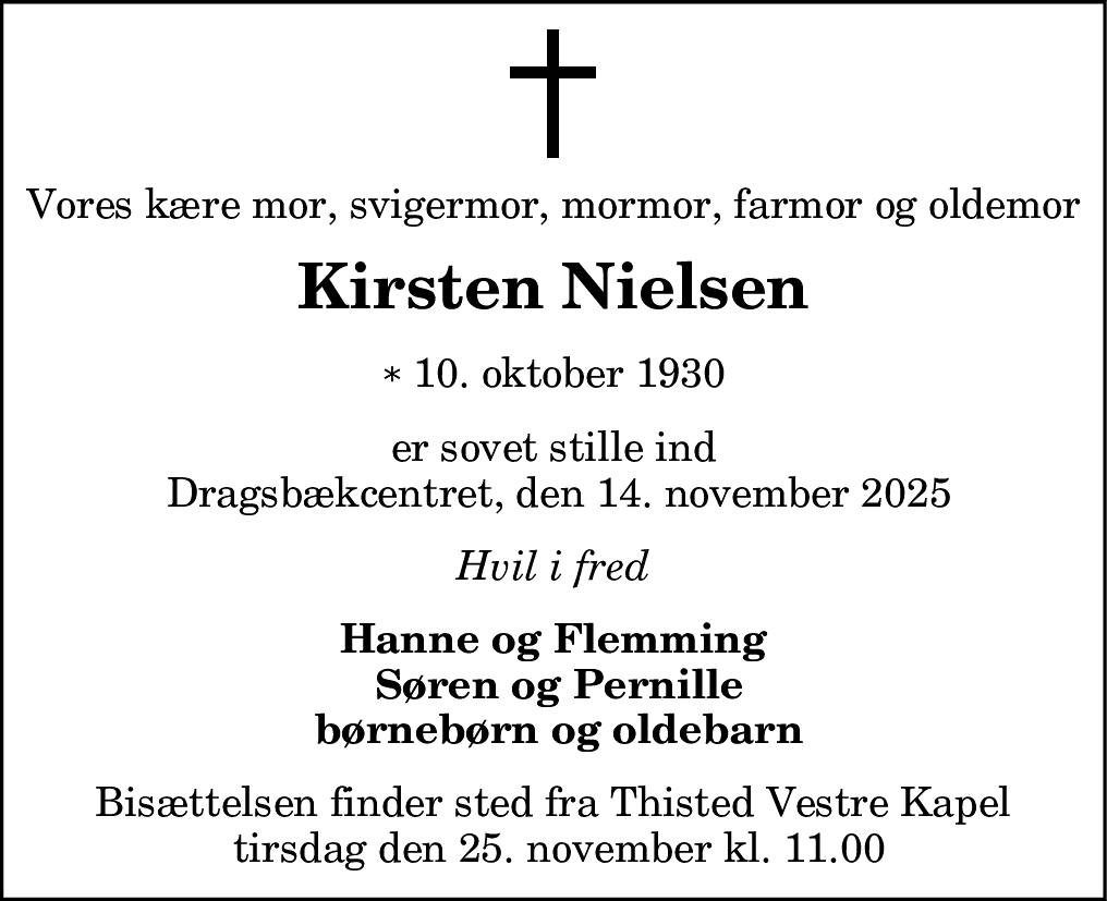 Dødsannonce for Kirsten Ida Nielsen