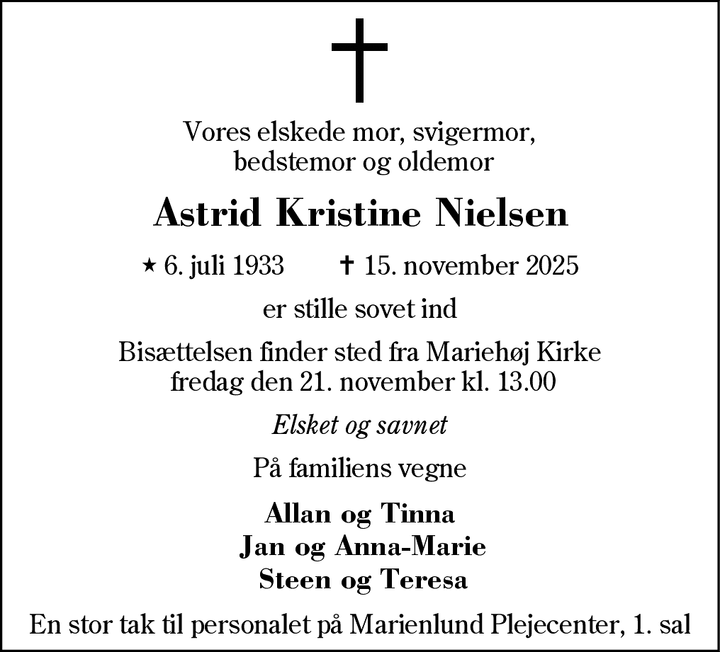Dødsannonce for Astrid Kristine Nielsen