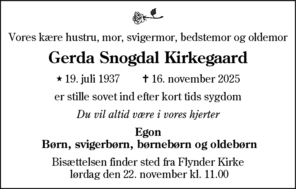 Dødsannonce for Gerda Snogdal Kirkegaard