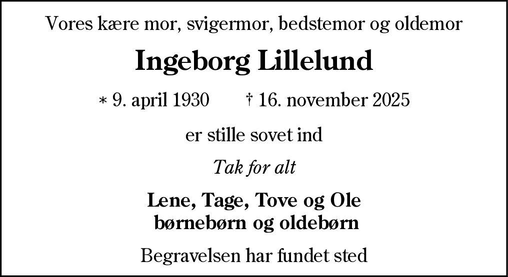 Dødsannonce for Ingeborg Lillelund