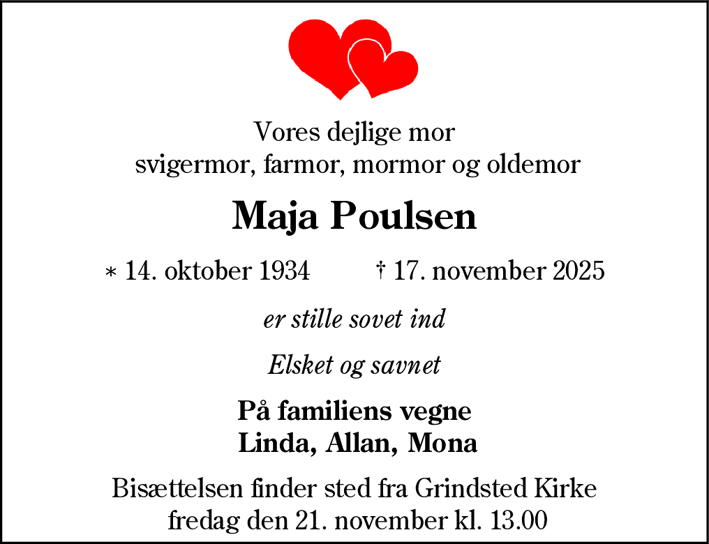 Dødsannonce for Maja Poulsen