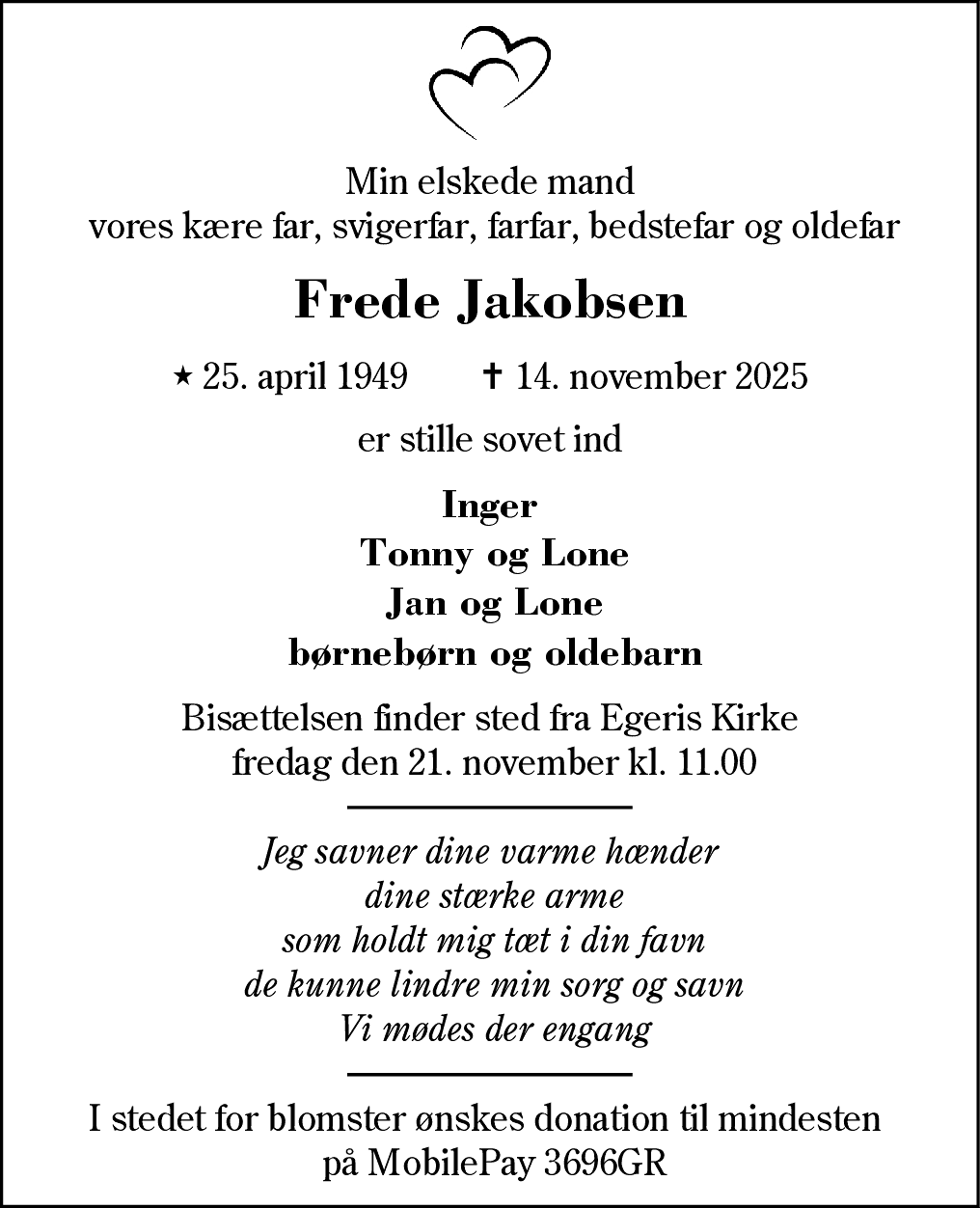 Dødsannonce for Frede Jakobsen