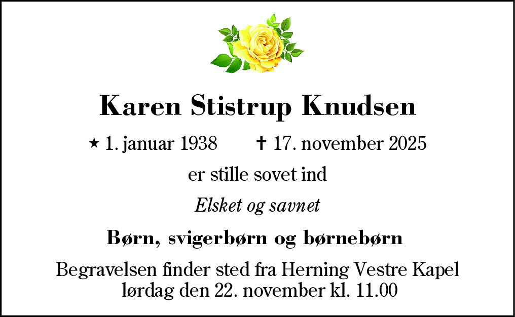 Dødsannonce for Karen Thomasine Stistrup Knudsen