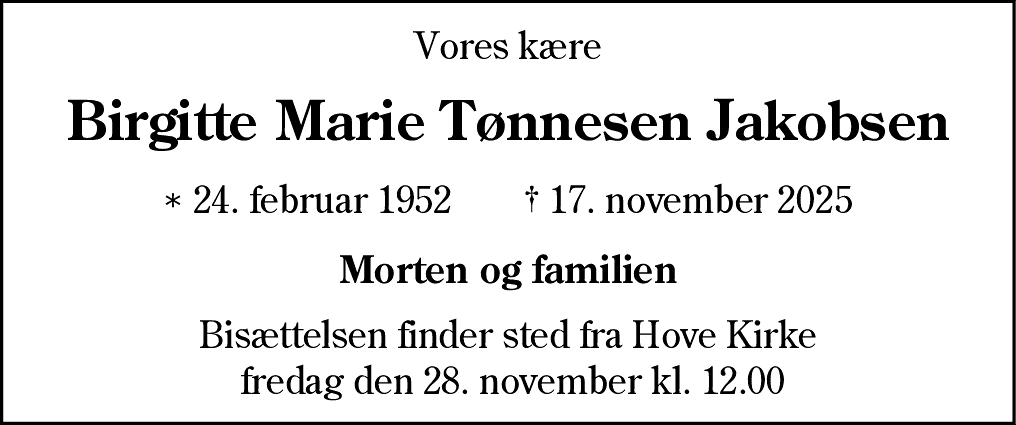 Dødsannonce for Birgitte Marie Jakobsen