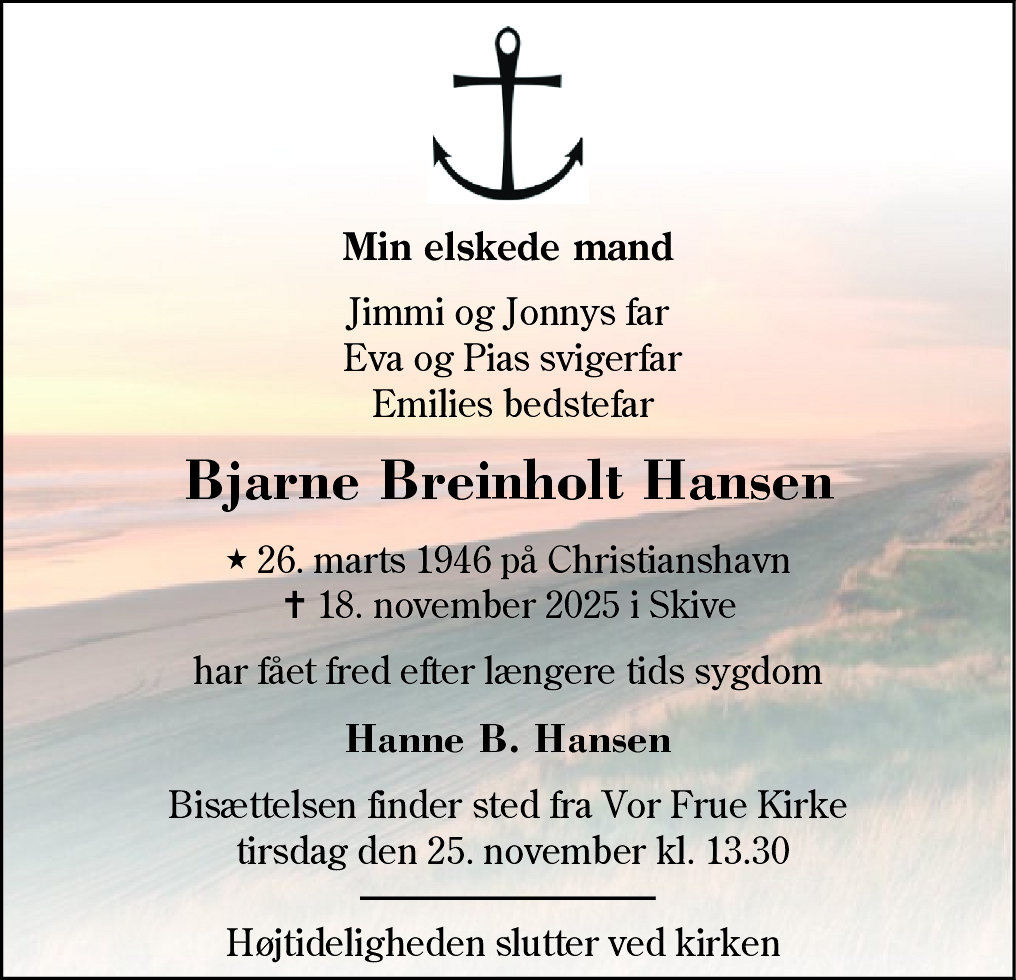 Dødsannonce for Bjarne Breinholt Hansen