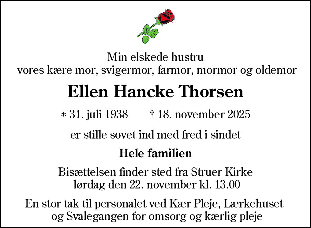 Dødsannonce for Ellen Hancke Thorsen